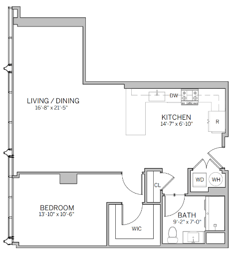 Floor Plan  A floor plan of a house with a living/dining area, kitchen, bedroom, and bathroom.