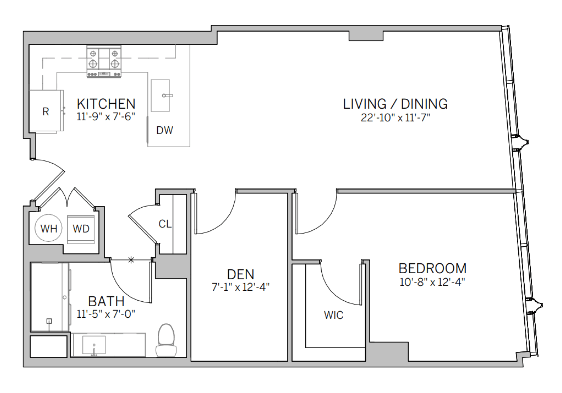 Floor Plan  A floor plan of a house with a kitchen, living/dining area, bedroom, bathroom, den, and a workspace.
