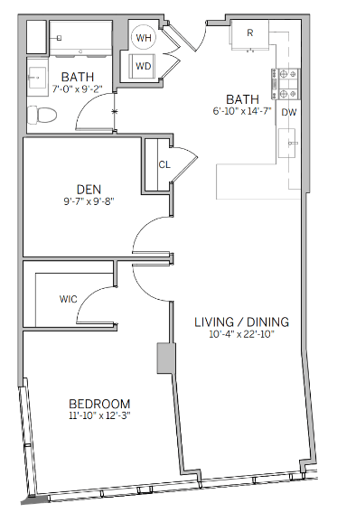A floor plan of a house with a living room, dining room, two bathrooms, a den, and two bedrooms.