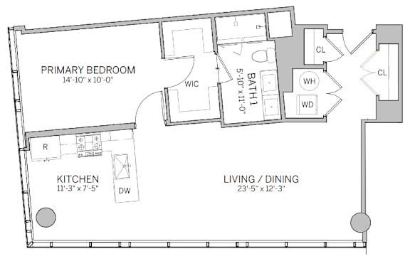 A floor plan of a living space with a kitchen, primary bedroom, and living/dining area.