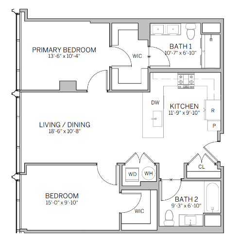 A floor plan of a home with a primary bedroom, living/dining area, kitchen, and two bathrooms.