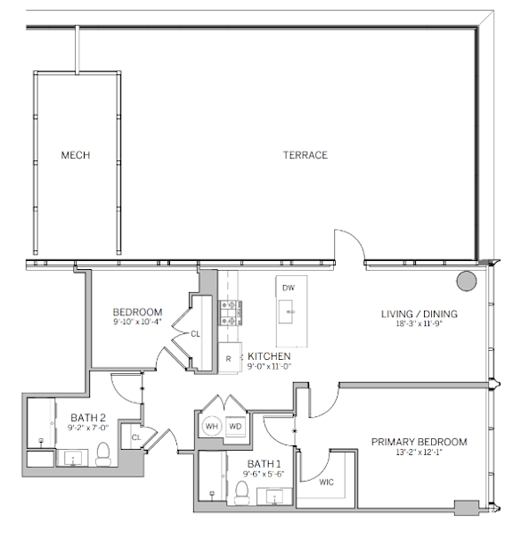 A floor plan of a house with a living room, two bedrooms, a bathroom, and a kitchen.