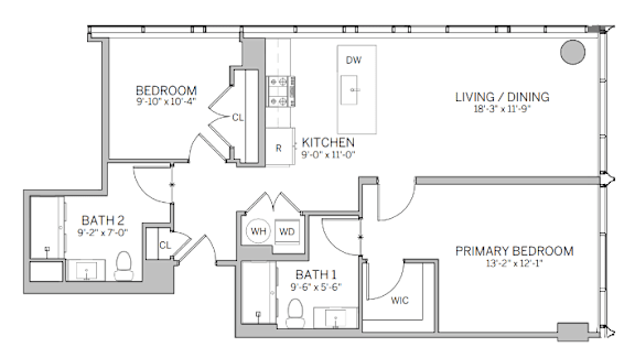 A floor plan of a small apartment with a living room, two bedrooms, and two bathrooms.