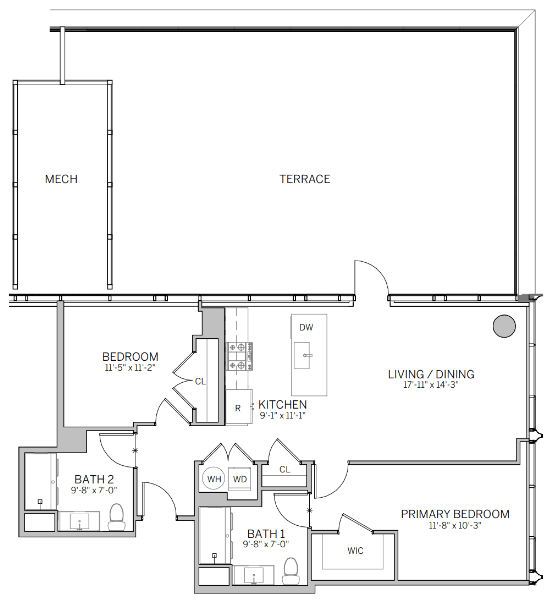 A floor plan of a house with a living/dining area, kitchen, and three bedrooms.