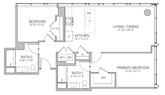 Floor Plan  A floor plan of a house with a living room, two bedrooms, a bathroom, a kitchen, and a WC.