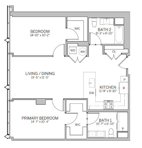 A floor plan of a house with a living room, two bedrooms, a kitchen, and two bathrooms.