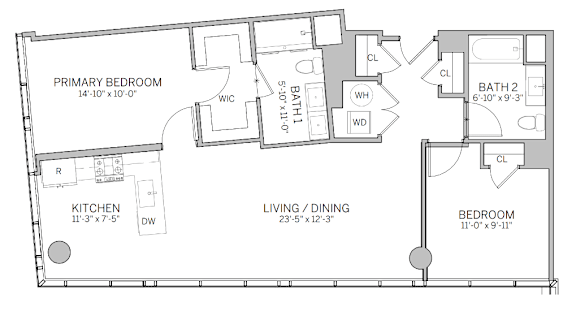 A floor plan of a home with a living room, two bedrooms, a kitchen, and a bathroom.