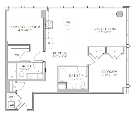 A floor plan of a small apartment with a kitchen, two bathrooms, and two bedrooms.
