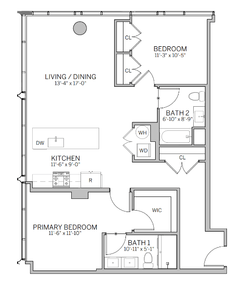 A floor plan of a home with a living room, dining room, kitchen, and two bedrooms.