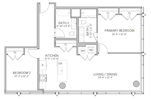 A floor plan of a home with a living room, dining room, kitchen, and two bedrooms.