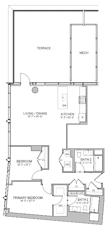 A floor plan of a house with a living room, dining room, kitchen, and two bedrooms.