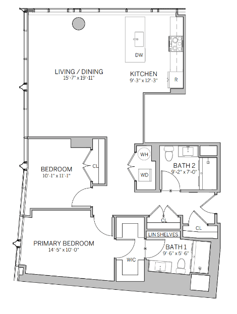 Floor Plan  A floor plan of a house with a living/dining area, kitchen, two bedrooms, and bathrooms.