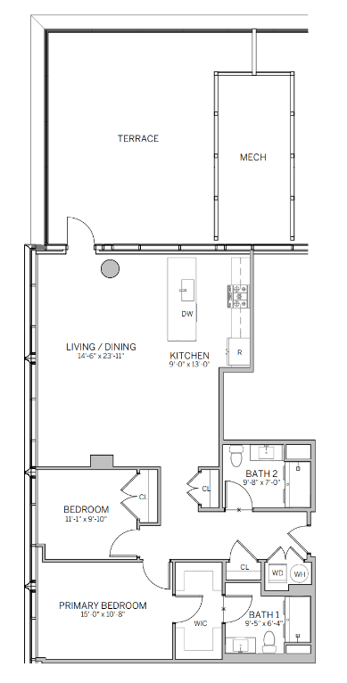 Floor Plan  A floor plan of a house with a living room, dining room, kitchen, two bathrooms, and two bedrooms.