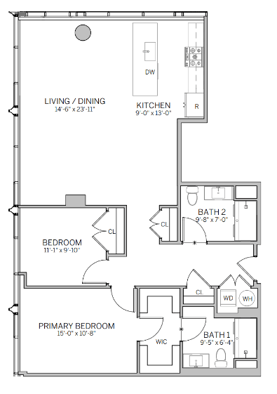 Floor Plan  A floor plan of a house with a living/dining area, kitchen, two bathrooms, and two bedrooms.