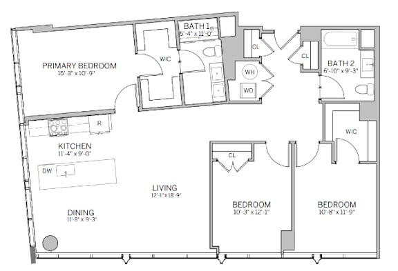 A floor plan of a house with a primary bedroom, two bathrooms, a kitchen, a dining area, a living room, and two bedrooms.