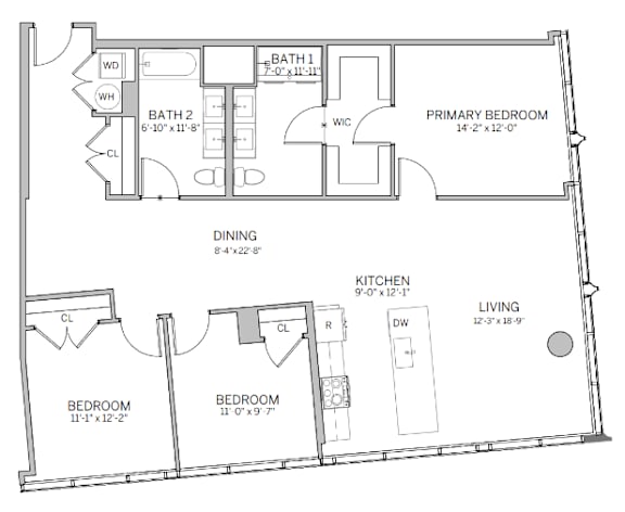 A floor plan of a house with a living room, two bedrooms, a dining room, a kitchen, and two bathrooms.