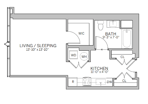 Floor Plan  A floor plan of a living and sleeping area with a kitchen.