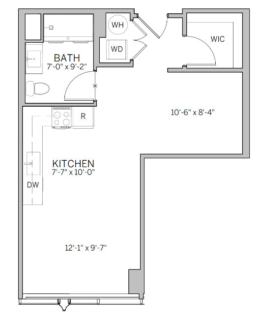 Floor Plan  A floor plan of a kitchen and bathroom layout.