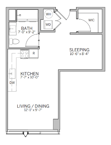A floor plan of a small apartment with a sleeping area, kitchen, and bathroom.