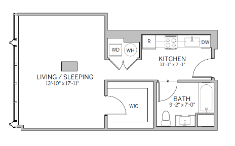 A floor plan of a small apartment with a living/sleeping area, kitchen, and bathroom.