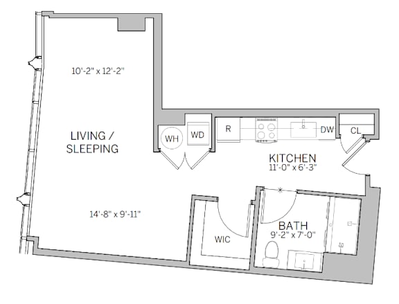 Floor Plan  A floor plan of a living space with a kitchen, bathroom, and living/sleeping area.