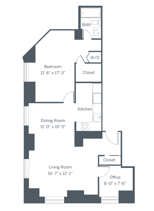 A floor plan of a house with a living room, dining room, kitchen, bedroom, and bathroom.