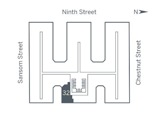 A graphic of a street map showing Ninth Street and Chestnut Street intersecting with Sansom Street.