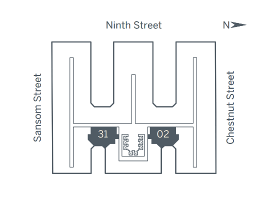 A diagram of a street layout with Ninth Street on top and Chestnut Street on the bottom.