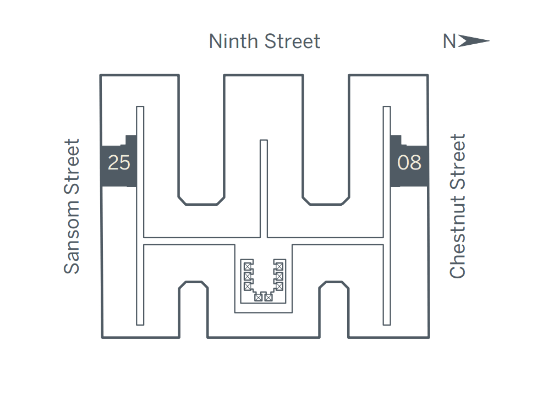 A diagram of a street layout with Ninth Street on top and Chestnut Street on the bottom.