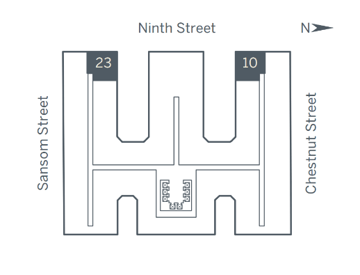 A diagram of a street layout with Ninth Street on top and Chestnut Street on the right.