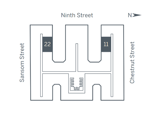 A diagram of a street layout with Ninth Street on top and Chestnut Street on the bottom.
