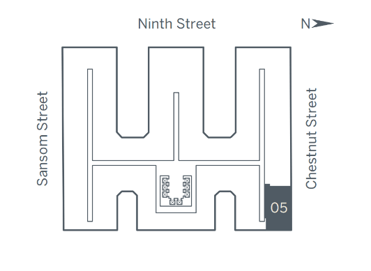 A black and white diagram of a street layout with Ninth Street at the top and Chestnut Street at the bottom.