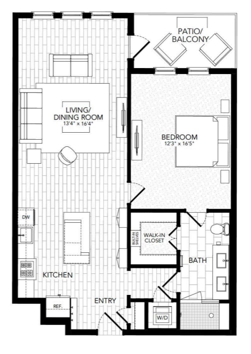 A floor plan of a house with a living room, dining room, kitchen, bathroom, and bedroom.