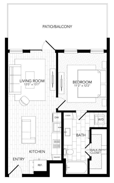 A black and white floor plan of a home with a living room, bedroom, bathroom, and kitchen.