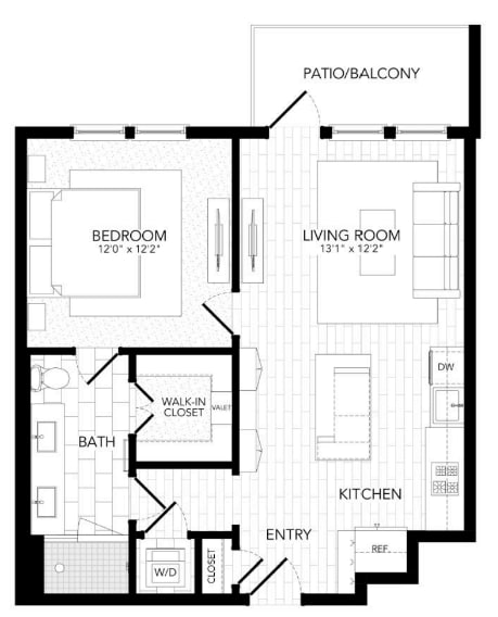 A black and white floor plan of a house with a bedroom, living room, kitchen, bath, and walk-in closet.