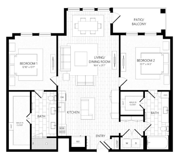 A black and white floor plan of a house with two bedrooms, a living room, a kitchen, a bath, a patio/balcony, and an entry.