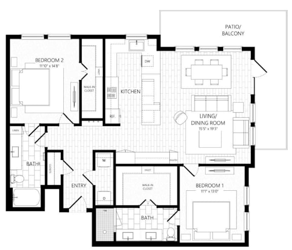 A black and white floor plan of a house with two bedrooms, a living room, a dining room, a kitchen, a bathroom, and an entry.