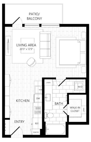 A black and white image of a house floor plan with a living area, kitchen, bathroom, and entry.