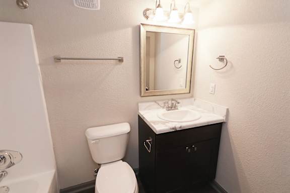 A bathroom with a toilet, sink, and mirror.