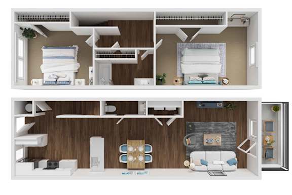 A 3D rendered image of a modern, minimalist bedroom and living room.