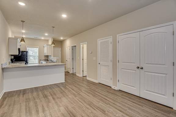 an open kitchen and living room with white closets and doors and a counter top at Barrington Apartments, South Carolina