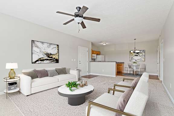 Two white couches in room at The Vista Apartments &amp; Townhomes, Warrenville South Carolina