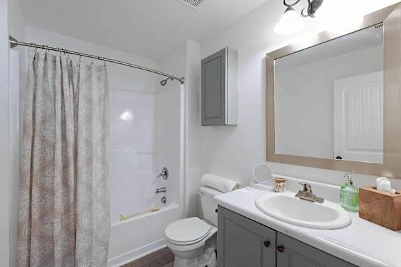 a bathroom with a shower sink and toilet and a mirror at Sterlington Apartments, Grovetown, GA, 30813