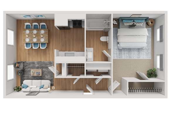 A modern apartment layout with a kitchen, living room, and bedroom