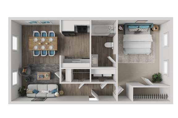 A modern, minimalist bedroom with a white and wood color scheme.
