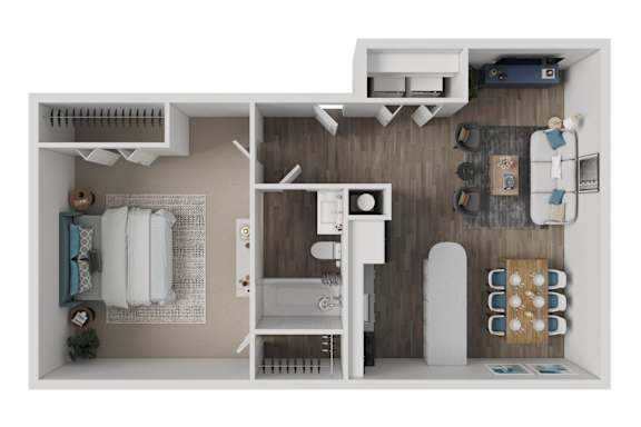 A 3D rendered image of a modern bathroom with a toilet, sink, and bathtub.