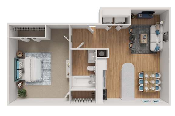 A top-down view of a small apartment with a bed, desk, and kitchenette.