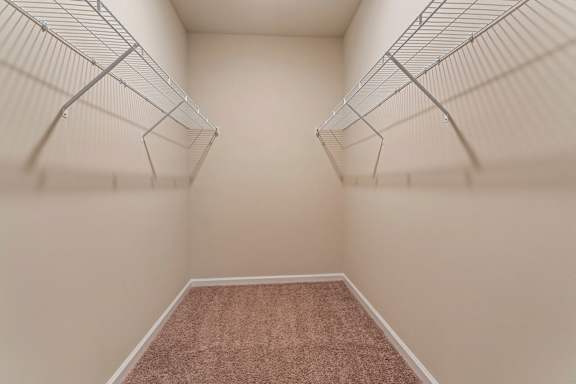 Empty walk-in closet with shelves and carpeted floor at Helena Springs, Georgia
