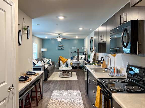 View of studio apartment looking through kitchen, living and sleeping areas at The Vista Apartments &amp; Townhomes, Warrenville, SC