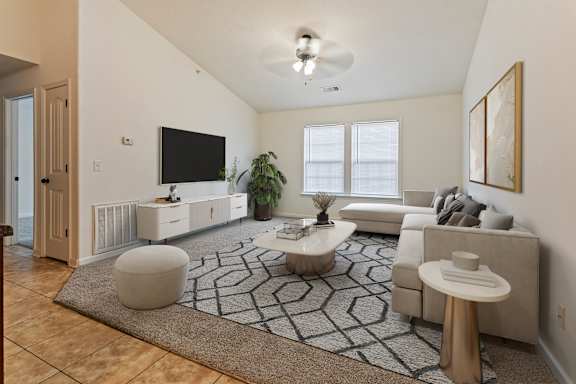 A living room with a television, a couch, a coffee table, and a rug.